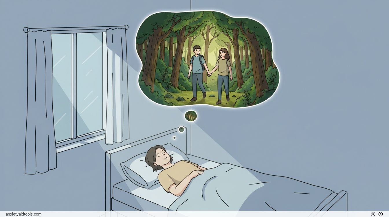 A person sleeping in a dark room with a vivid dream bubble of them walking with someone else.