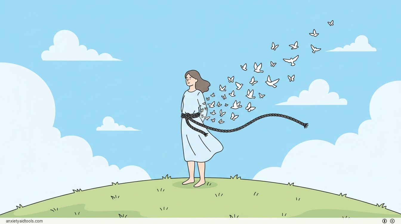 A person on a sunny hilltop as a dark rope attached to them turns into white birds.