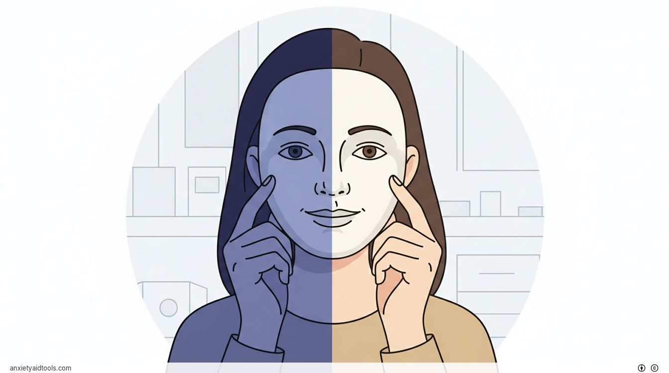 A person holding a calm, smiling porcelain mask over a cold and watchful real face.