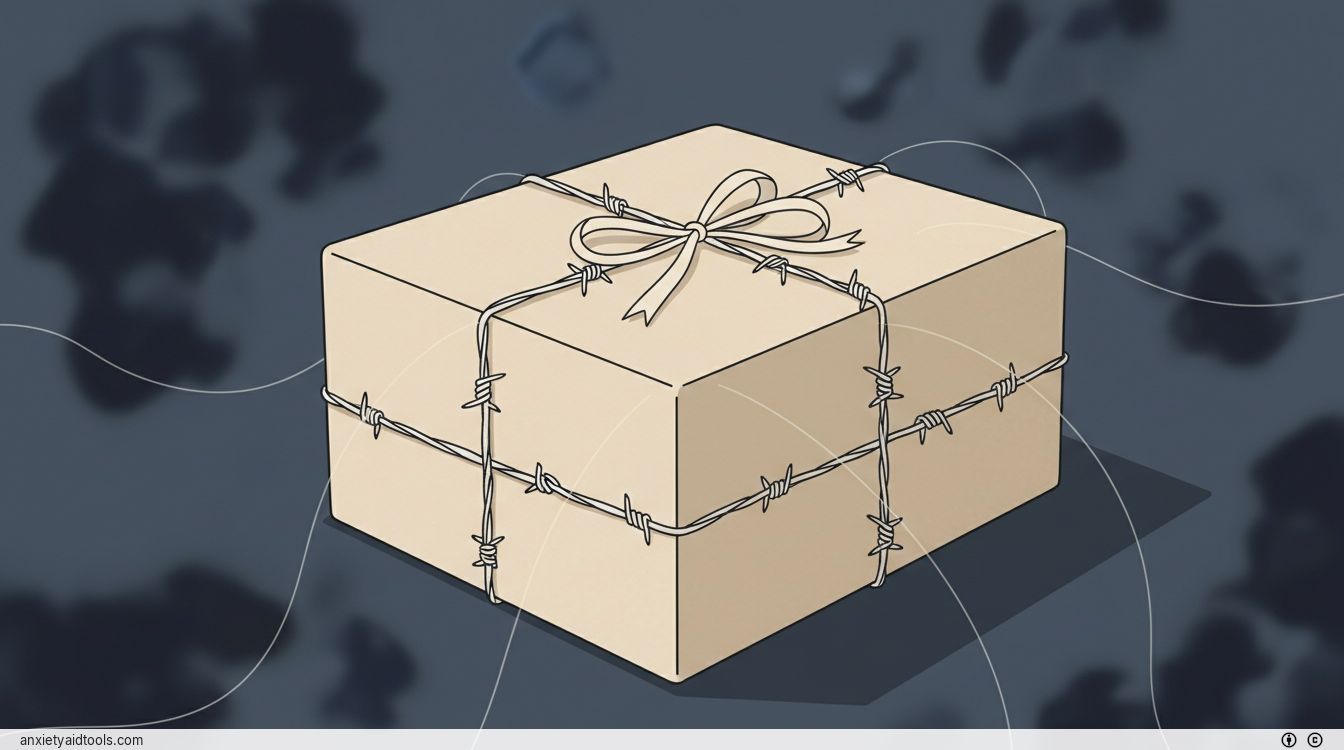 A beautifully wrapped gift box entangled in barbed wire and invisible strings.