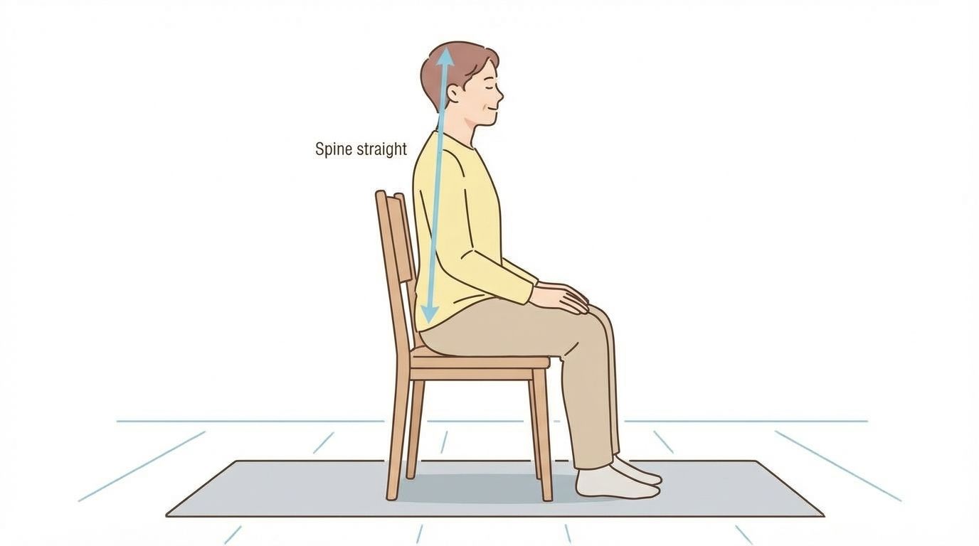 An instructional illustration showing proper meditation posture with a straight spine and relaxed alertness