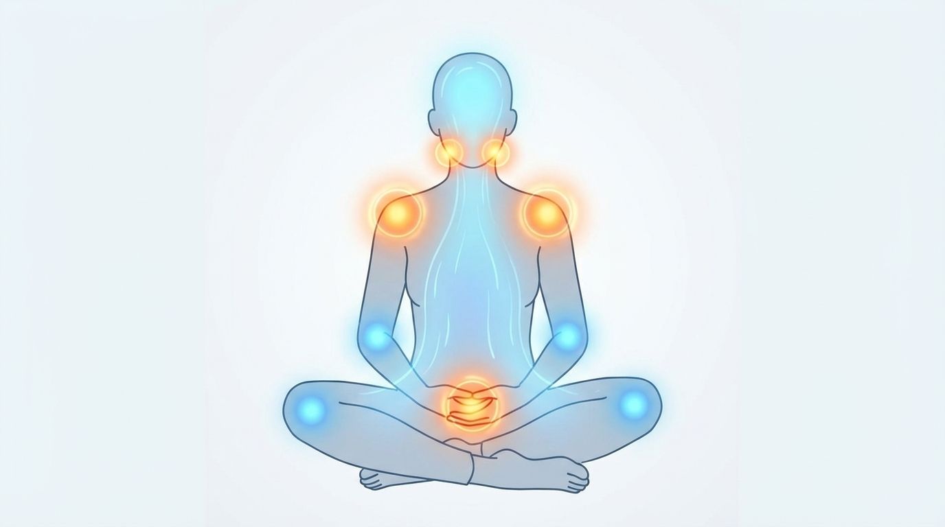 A visualization of body scan meditation with tension points shown as warm orbs that transform to relaxed blue