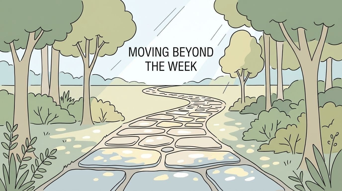 A motivational image showing a stone pathway through a peaceful forest, symbolizing the continuation of meditation practice beyond the 7-day program