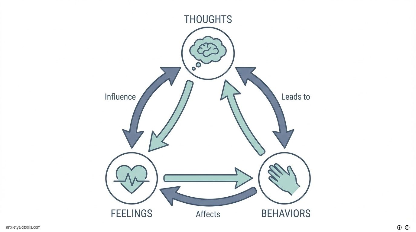 CBT triangle: Thoughts, feelings, behaviors interconnected.