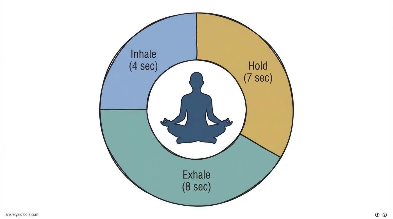 Breathing guide: Inhale, hold, exhale. Meditative figure inside.