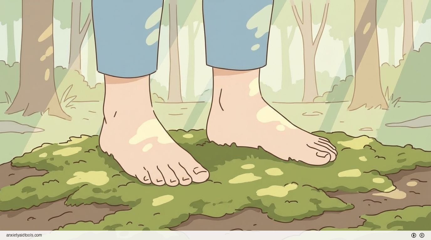 Bare feet on mossy forest floor, dappled sunlight.