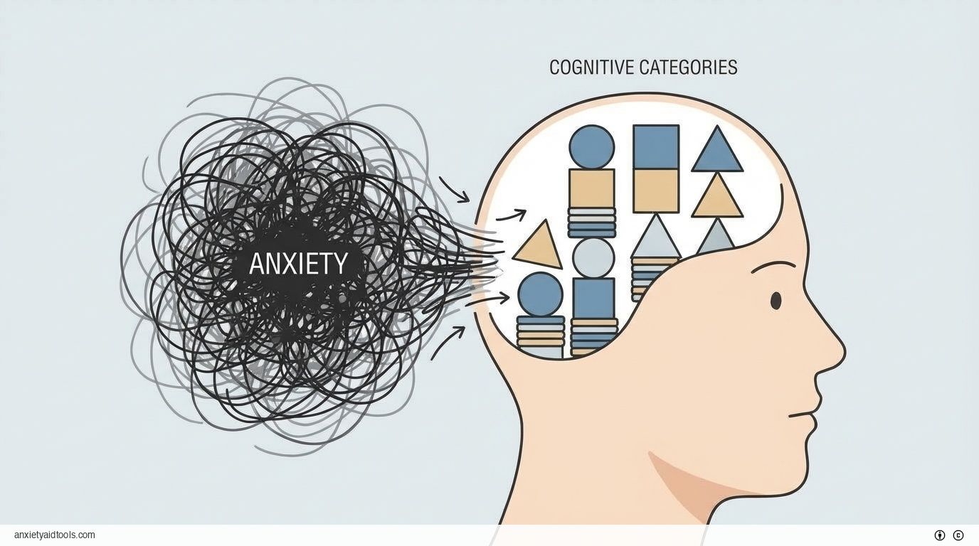 Head profile with organized shapes displacing chaotic scribbles.