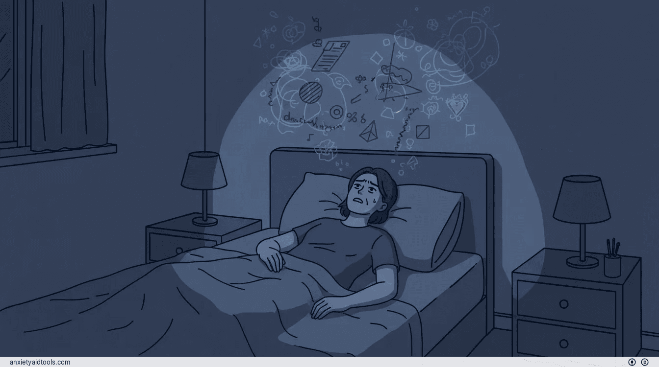 A person lying awake in bed at night, surrounded by abstract representations of racing thoughts.