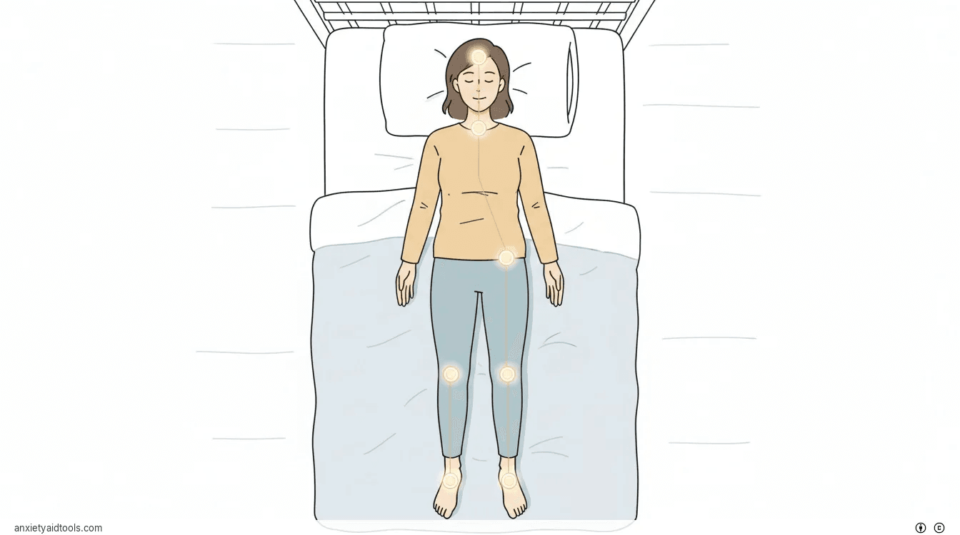 A top-down view of a person in bed with glowing points showing the path of a body scan meditation.