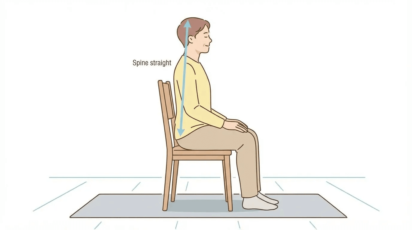 An instructional illustration showing proper meditation posture with a straight spine and relaxed alertness