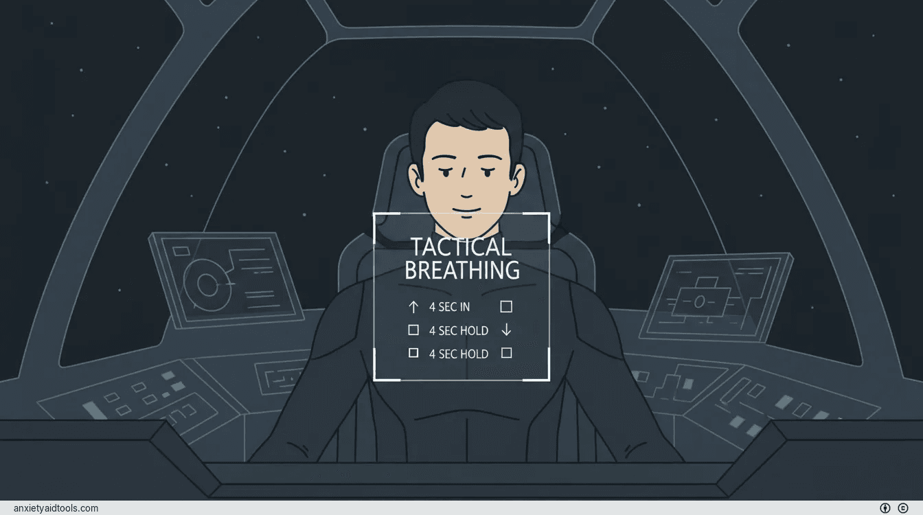 A person maintaining intense focus in a high-pressure environment with a tactical square overlay.
