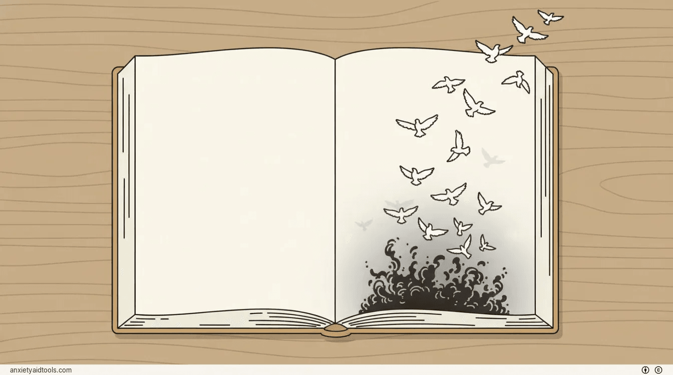 An open journal where dark ink transforms into white birds flying away.