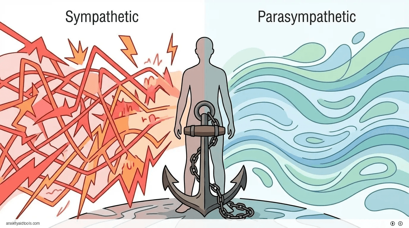 Nervous system split: chaotic anxiety vs. calm rest, anchored figure.