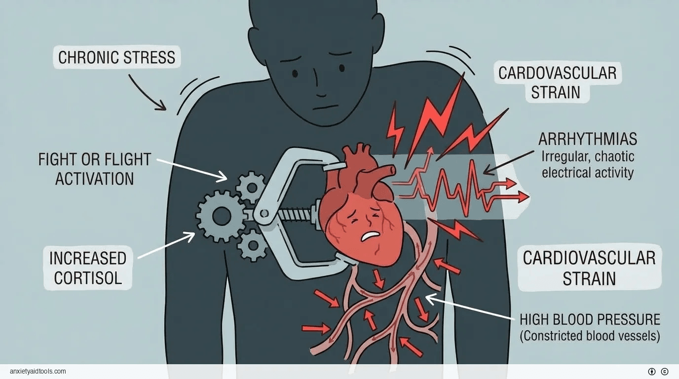 Stress infographic: Heart in vice, arrhythmias, high blood pressure.