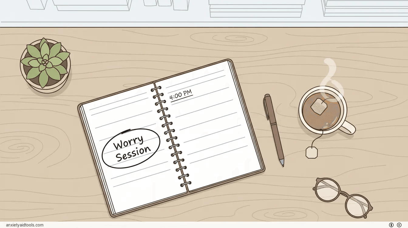 A daily planner on a desk with a 15-minute worry session scheduled for 4:00 PM.