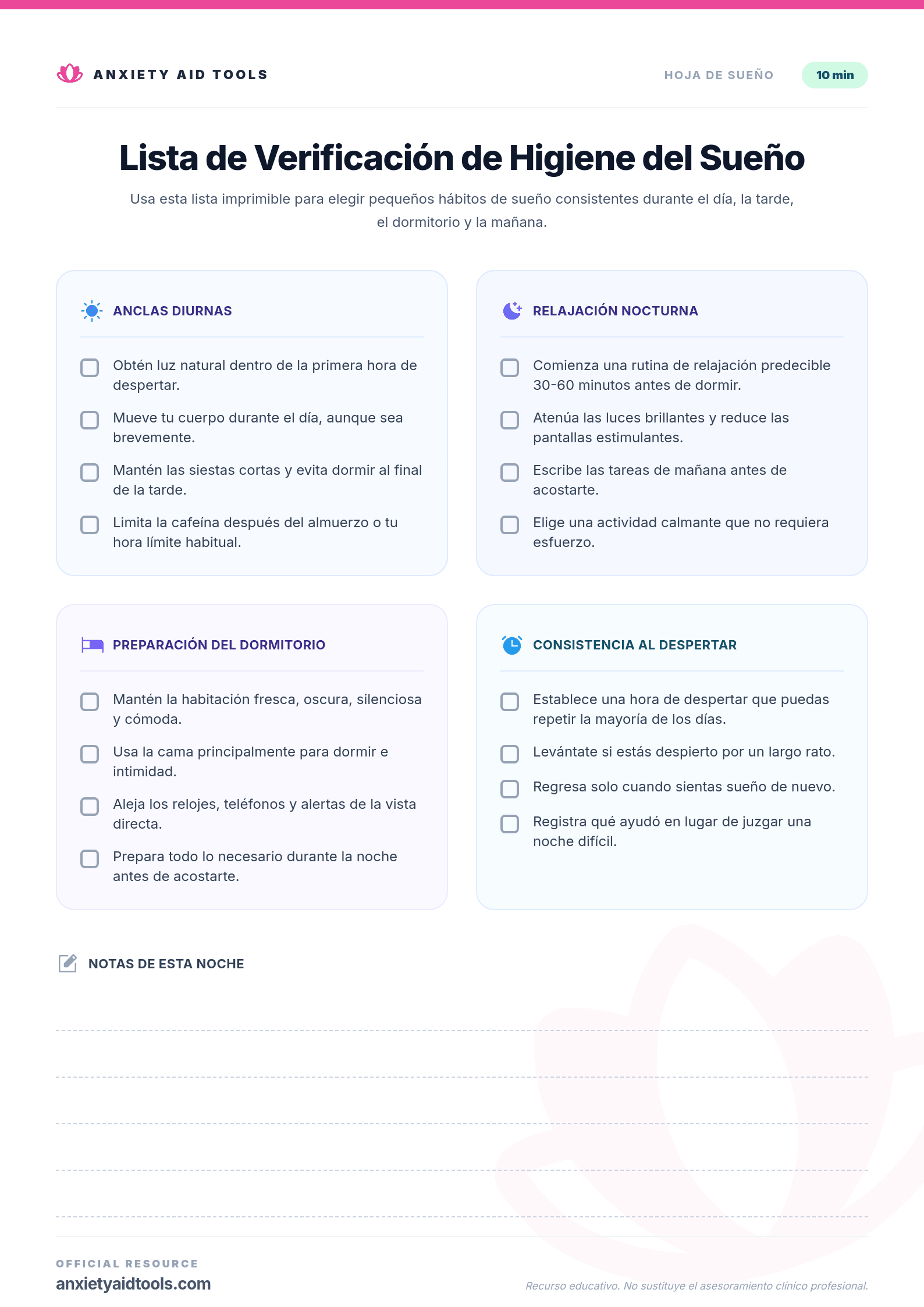 Lista de Verificación de Higiene del Sueño