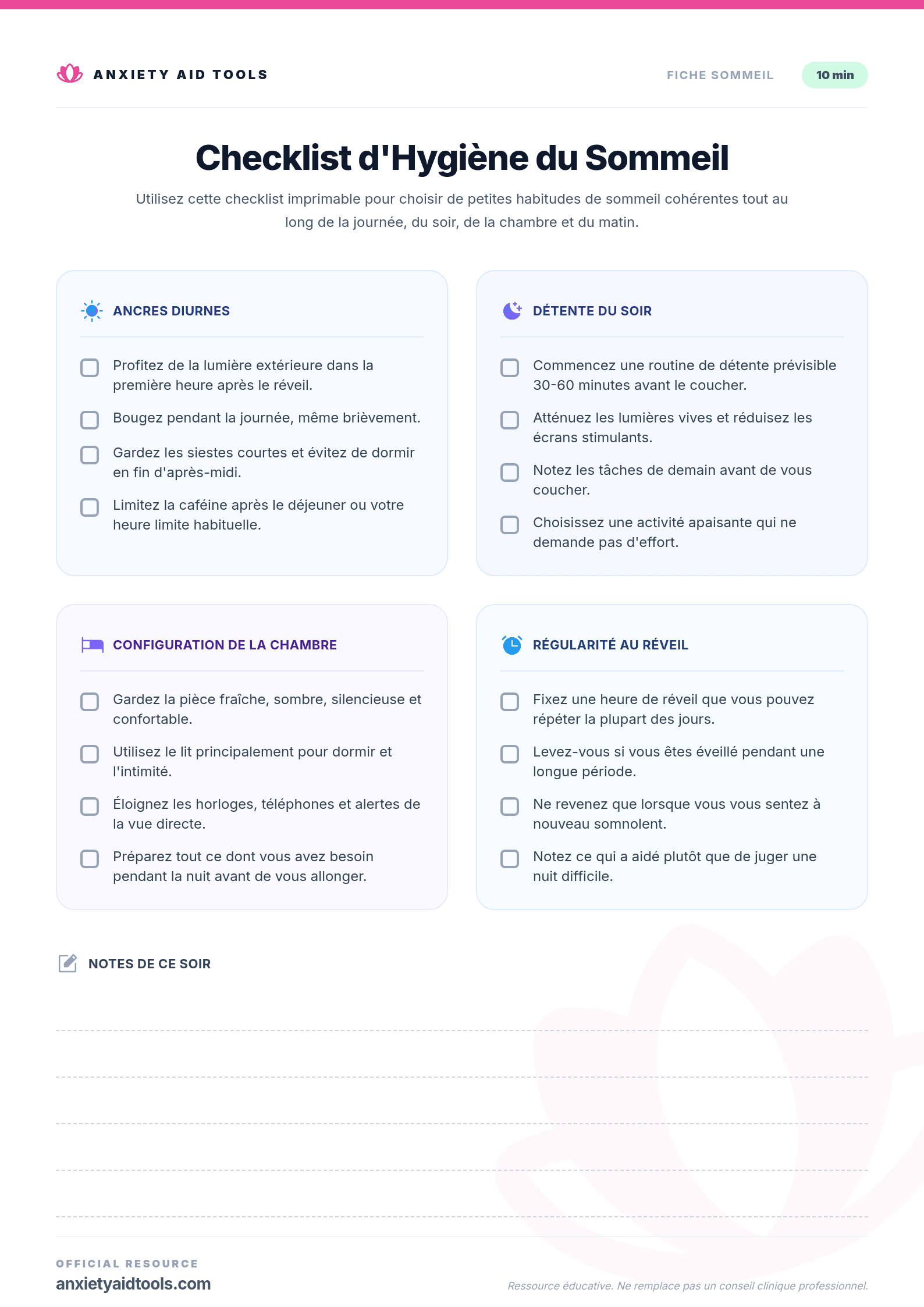 Checklist d'Hygiène du Sommeil