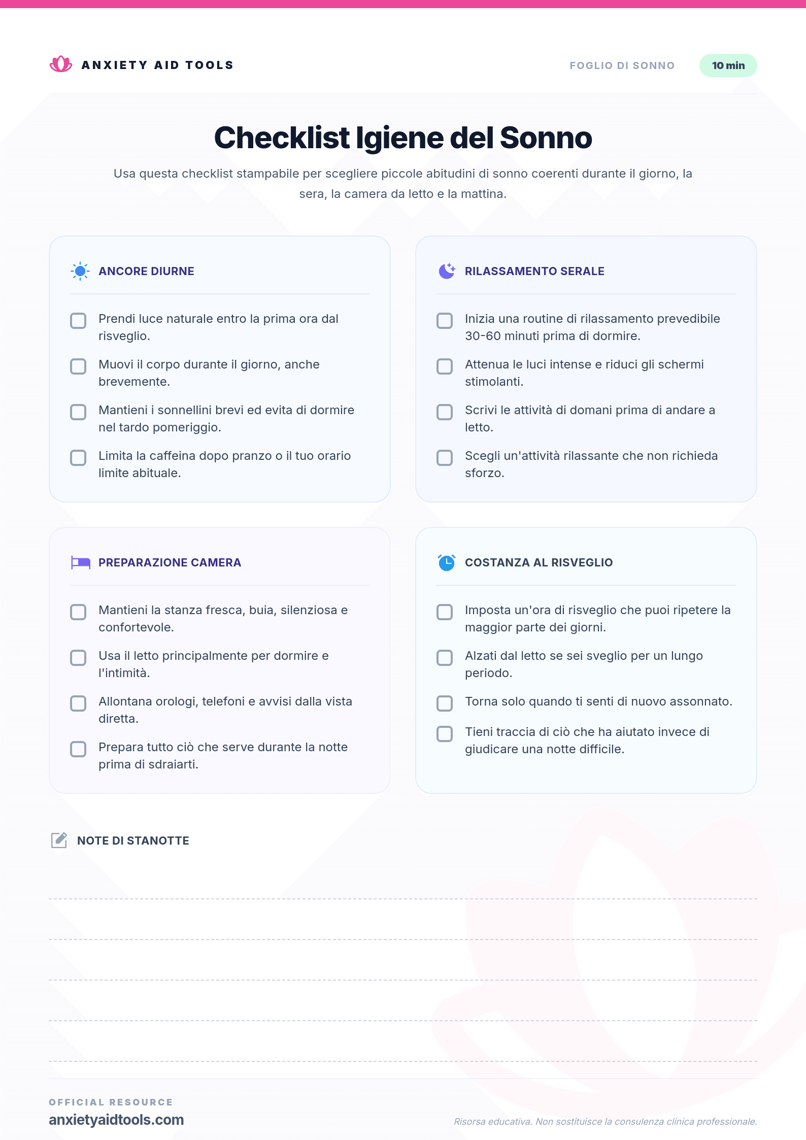 Checklist Igiene del Sonno