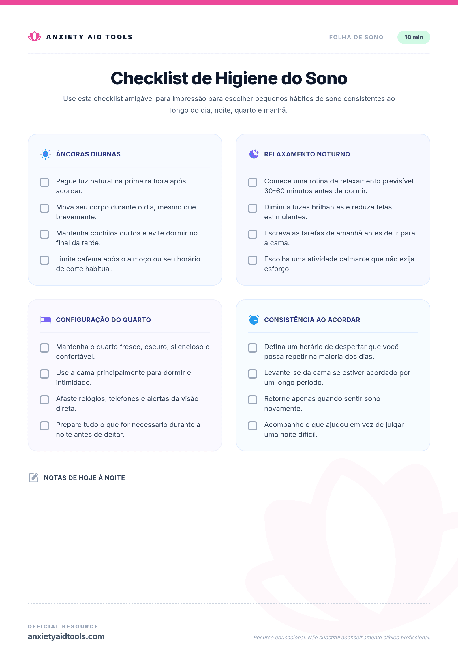Lista de Verificação de Higiene do Sono