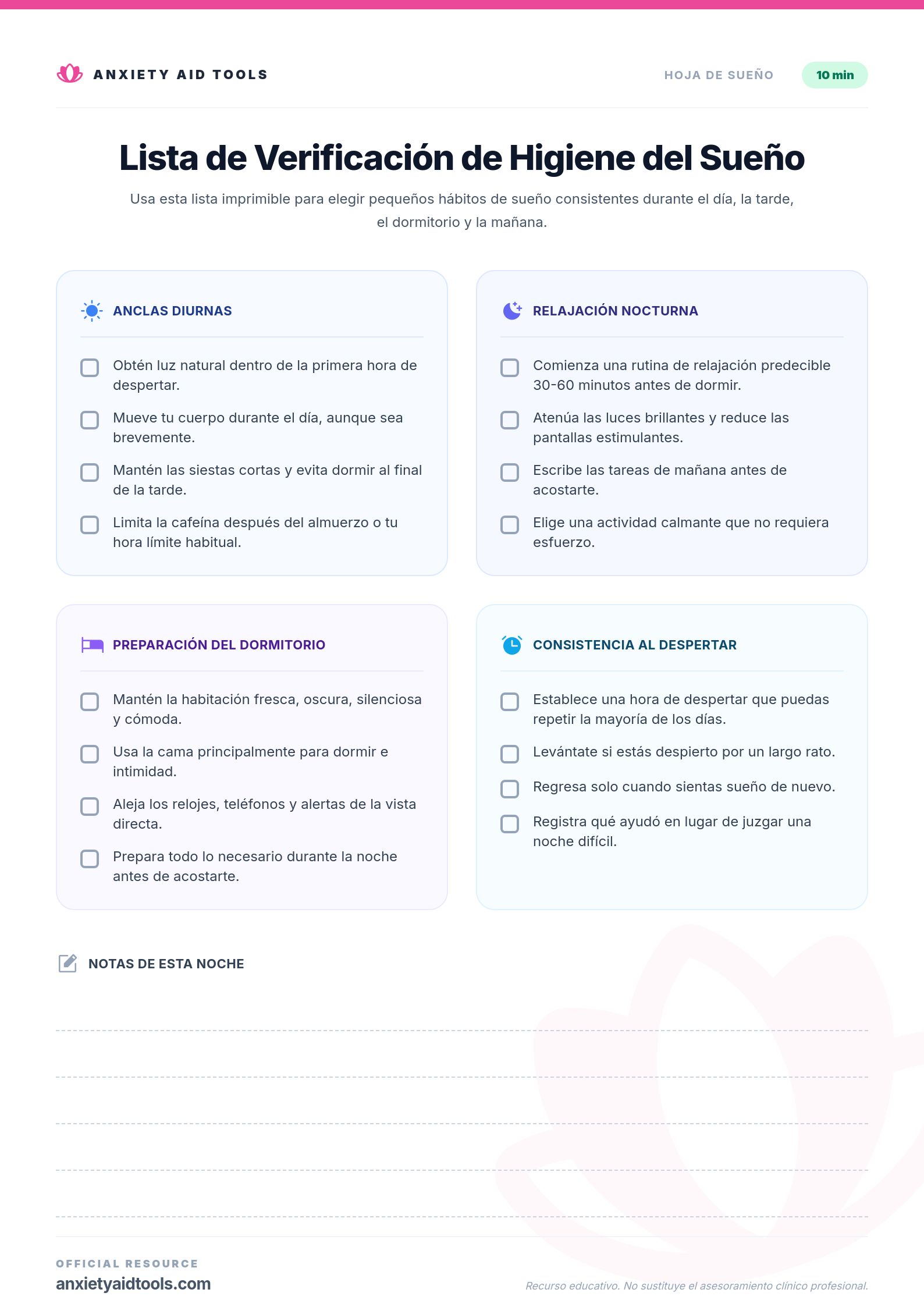 Lista de Verificación de Higiene del Sueño