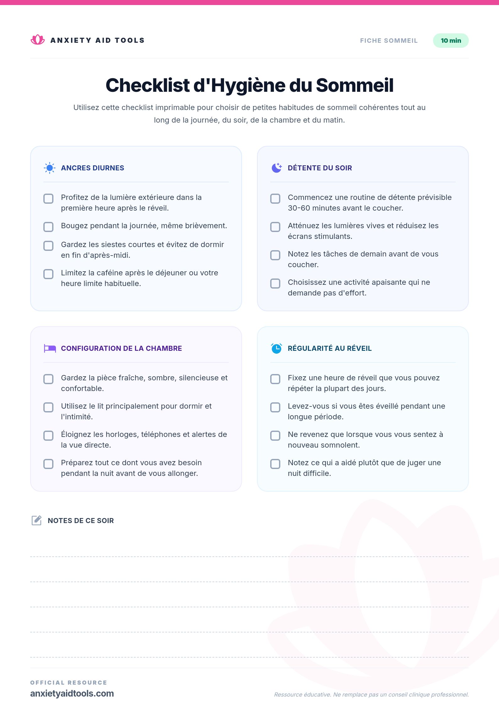 Checklist d'Hygiène du Sommeil