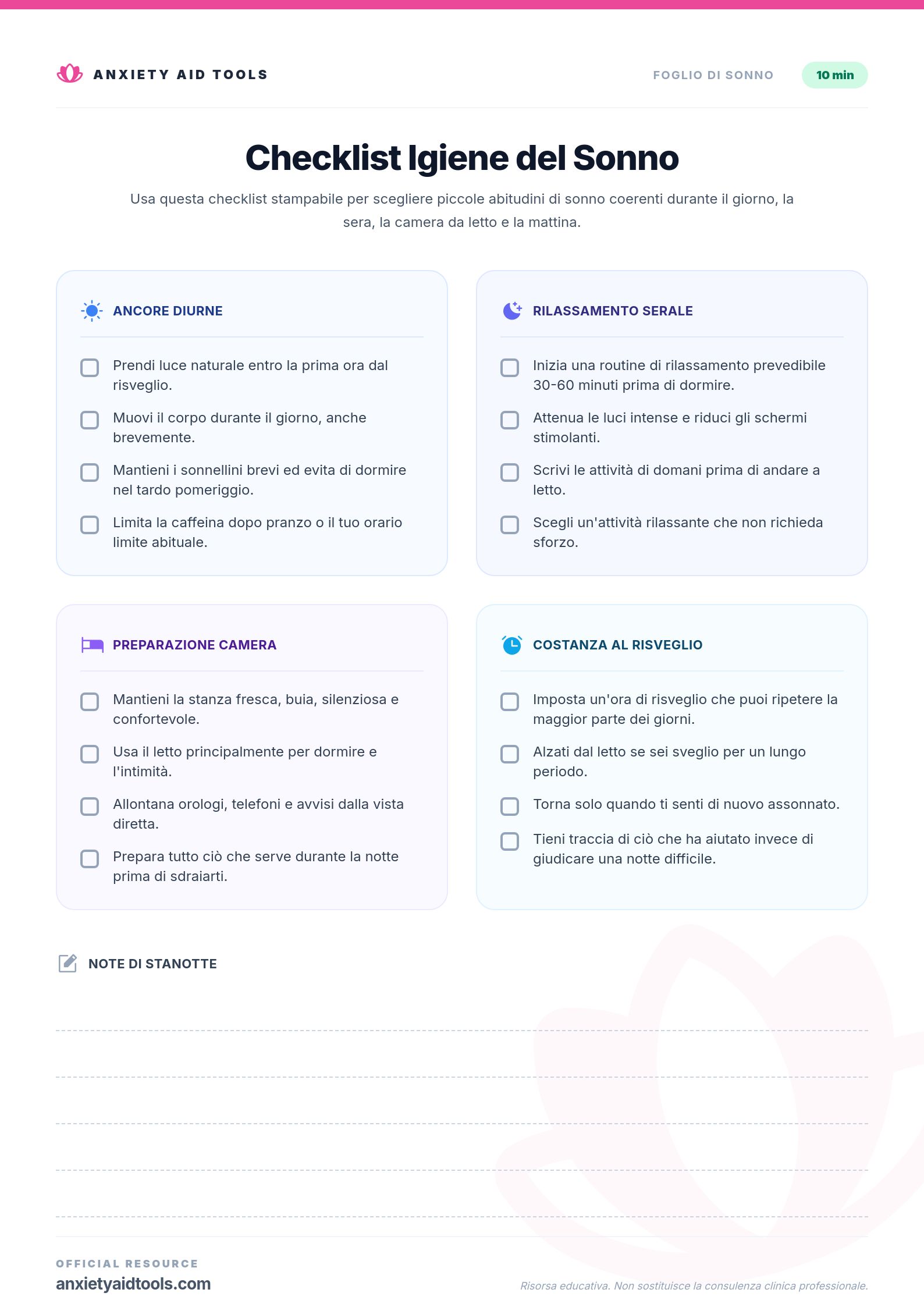 Checklist Igiene del Sonno