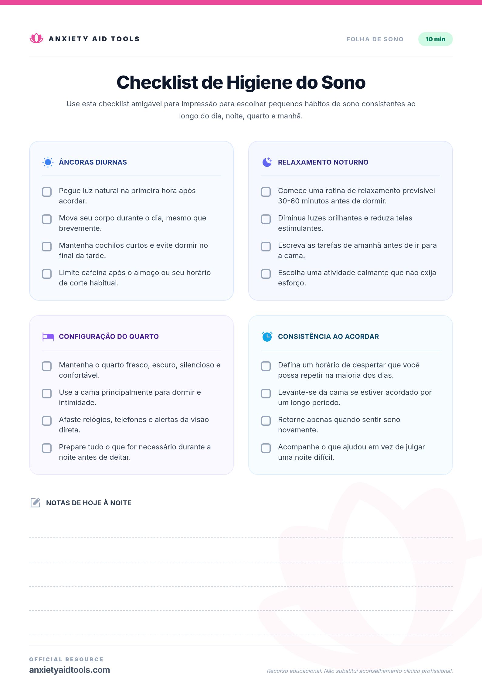 Lista de Verificação de Higiene do Sono