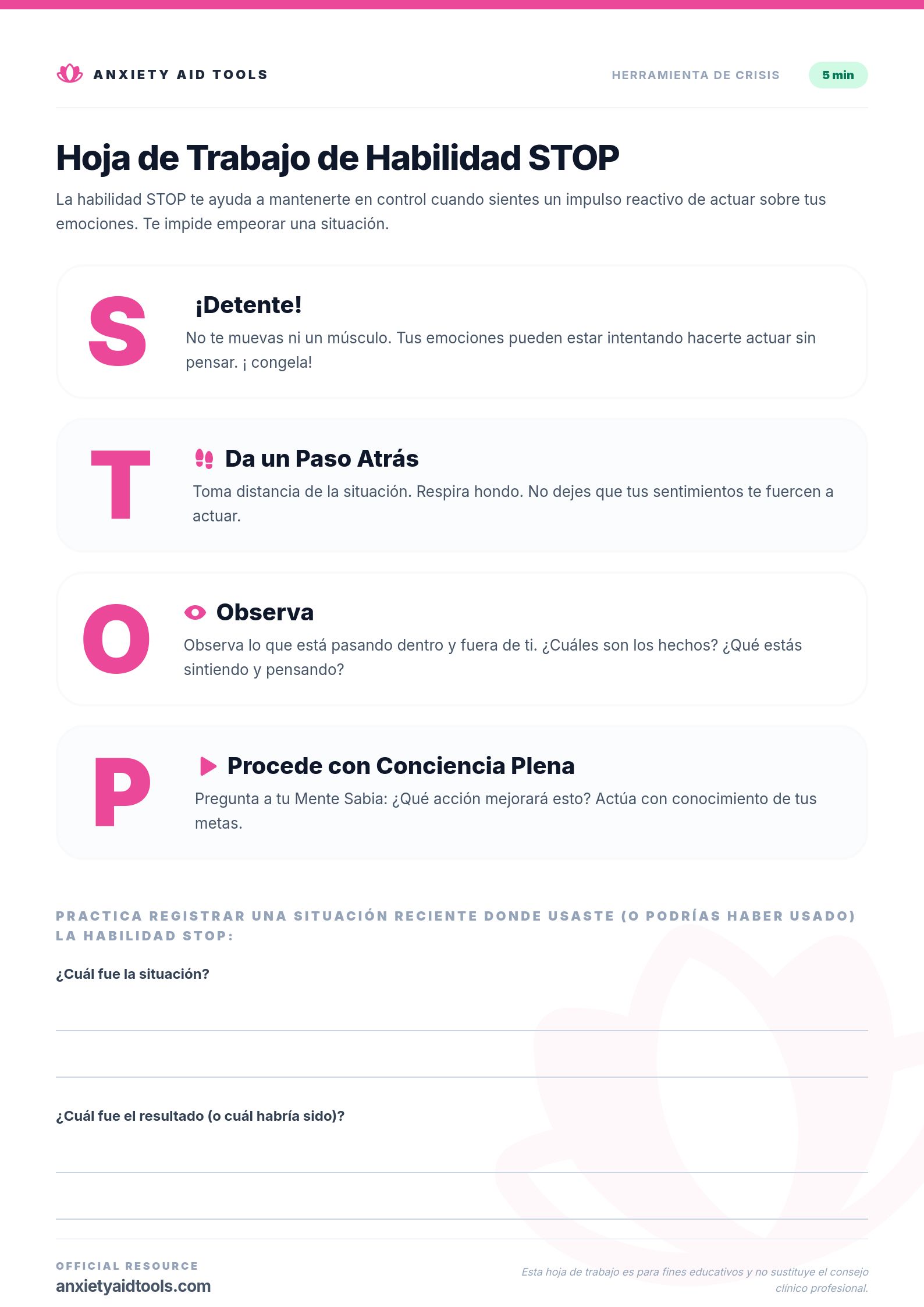 Hoja de Trabajo de Habilidad STOP