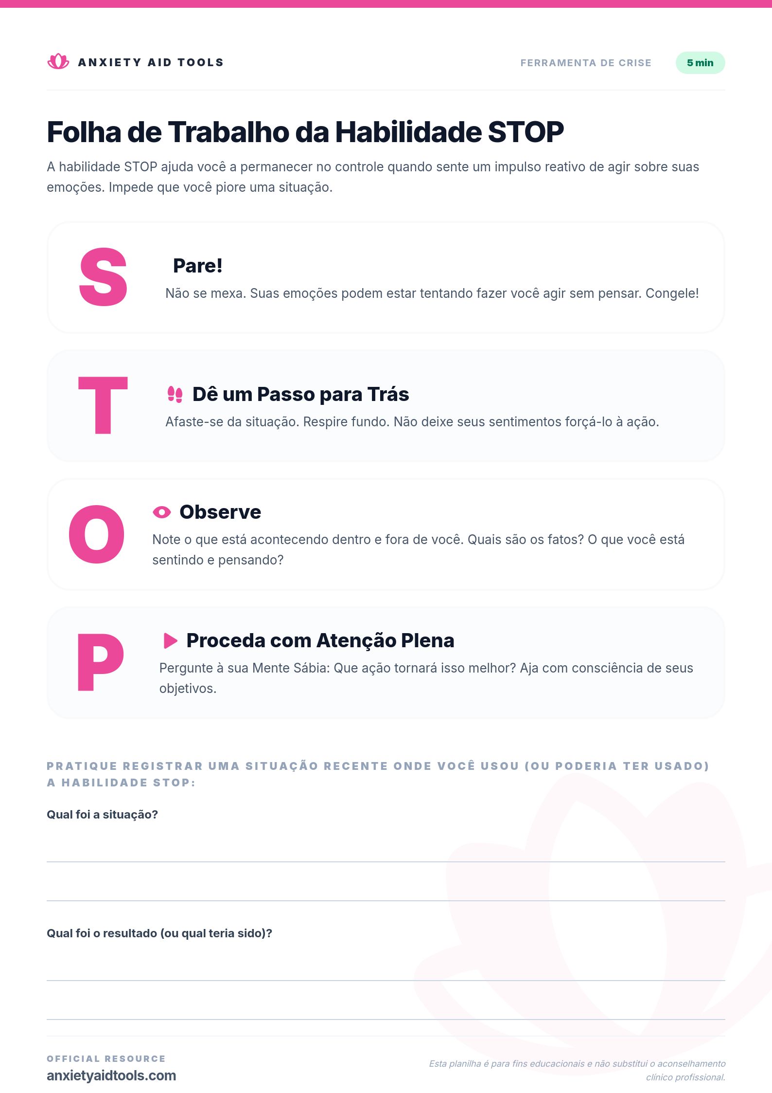 Folha de Trabalho da Habilidade STOP