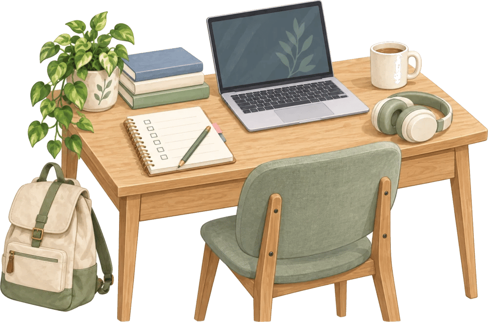 A tidy study desk with a laptop, notebook, headphones, books and a backpack