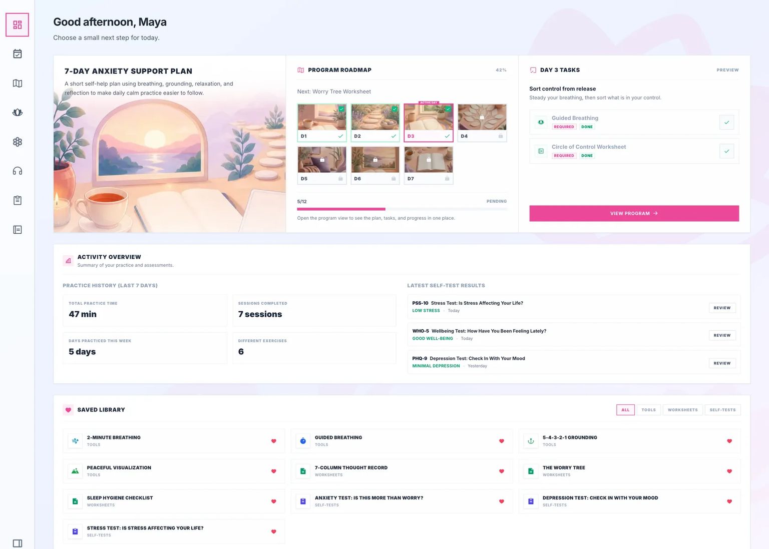 Personal dashboard overview with program progress and activity stats