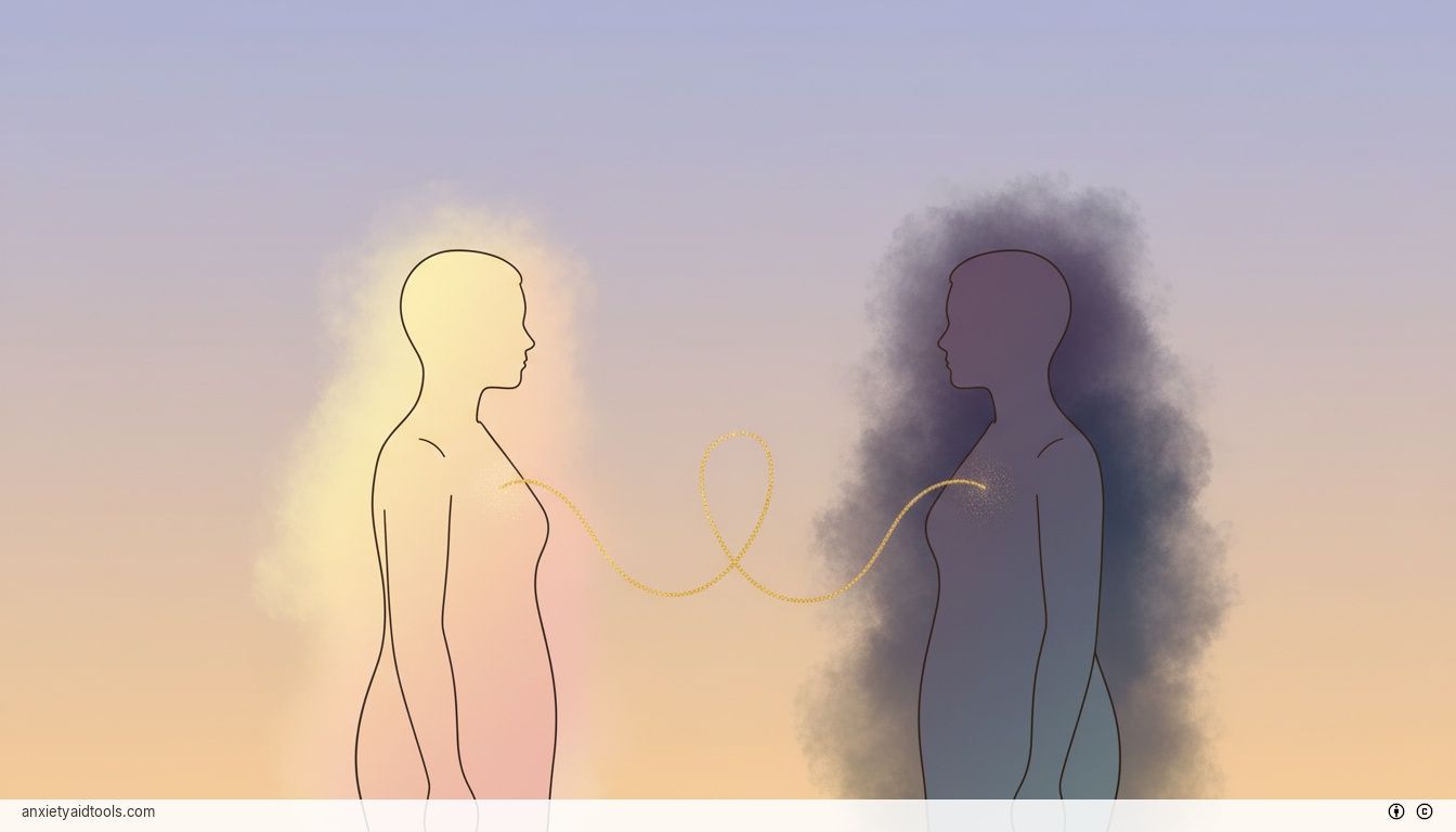 Two silhouettes connected by a glowing golden thread against a soft, colorful gradient background.