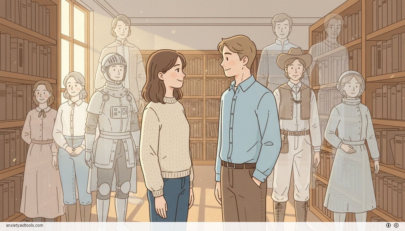 Two people looking at each other with deep recognition in a sunlit library.