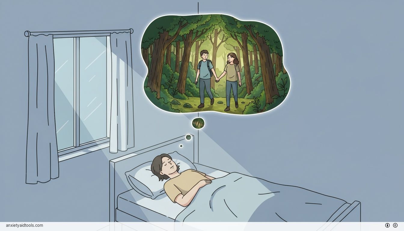 A person sleeping in a dark room with a vivid dream bubble of them walking with someone else.