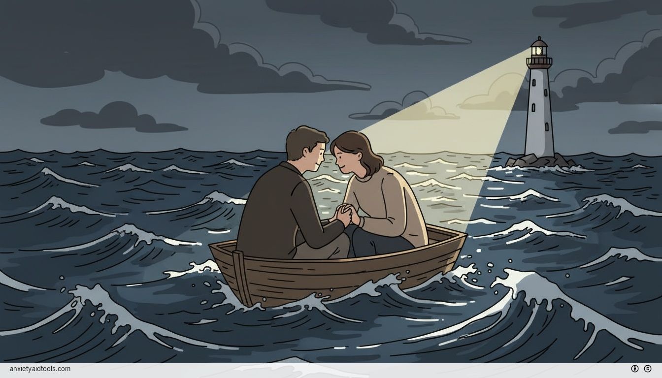 Two people in a small boat on a stormy sea, focused intensely on each other.