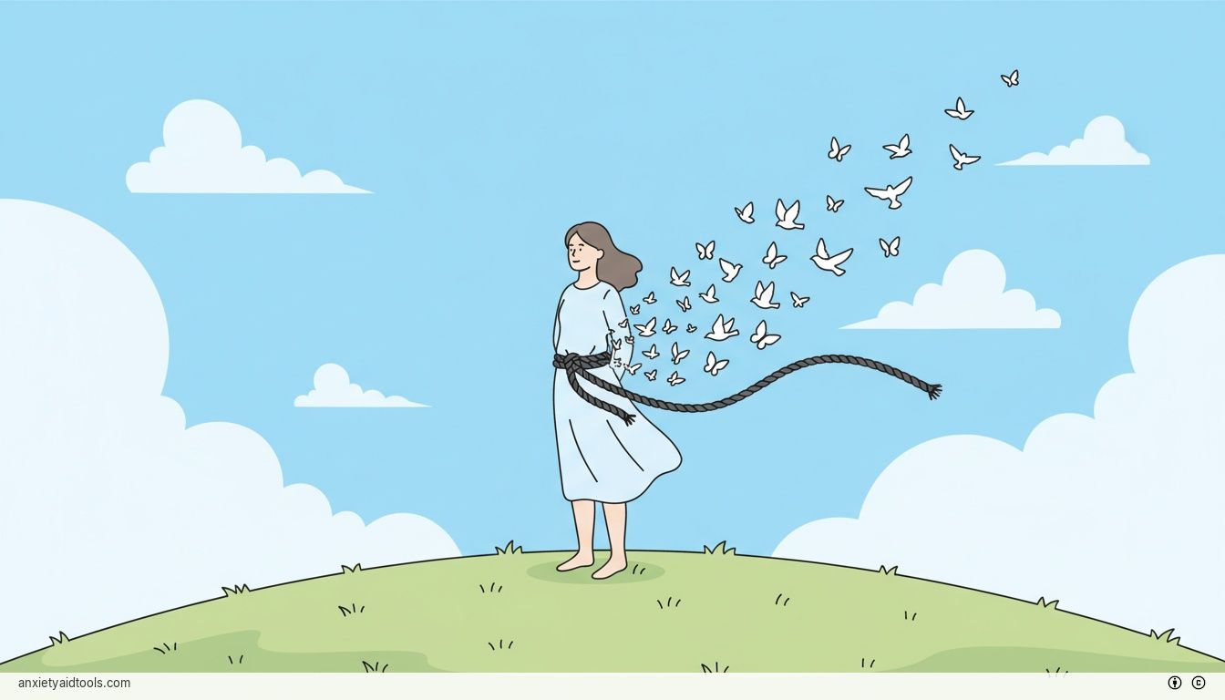 A person on a sunny hilltop as a dark rope attached to them turns into white birds.