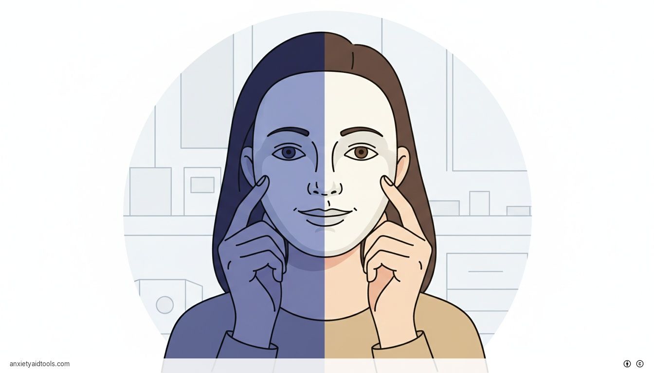 A person holding a calm, smiling porcelain mask over a cold and watchful real face.