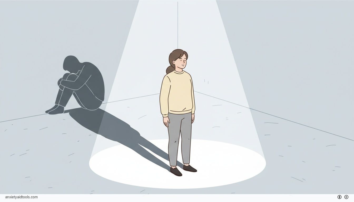 A person standing normally while their shadow shows a dramatic, slumped victim pose.