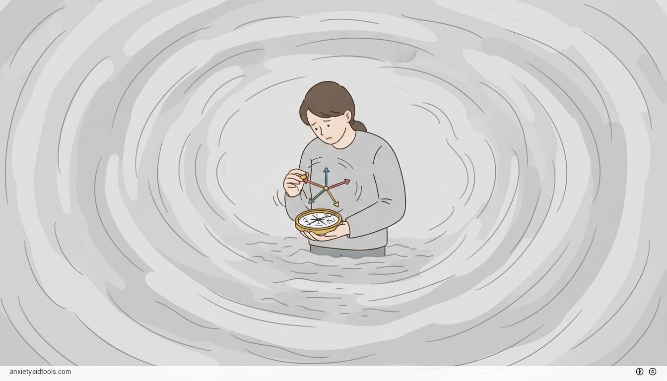 A person in thick fog holding a broken compass with needles spinning in all directions.