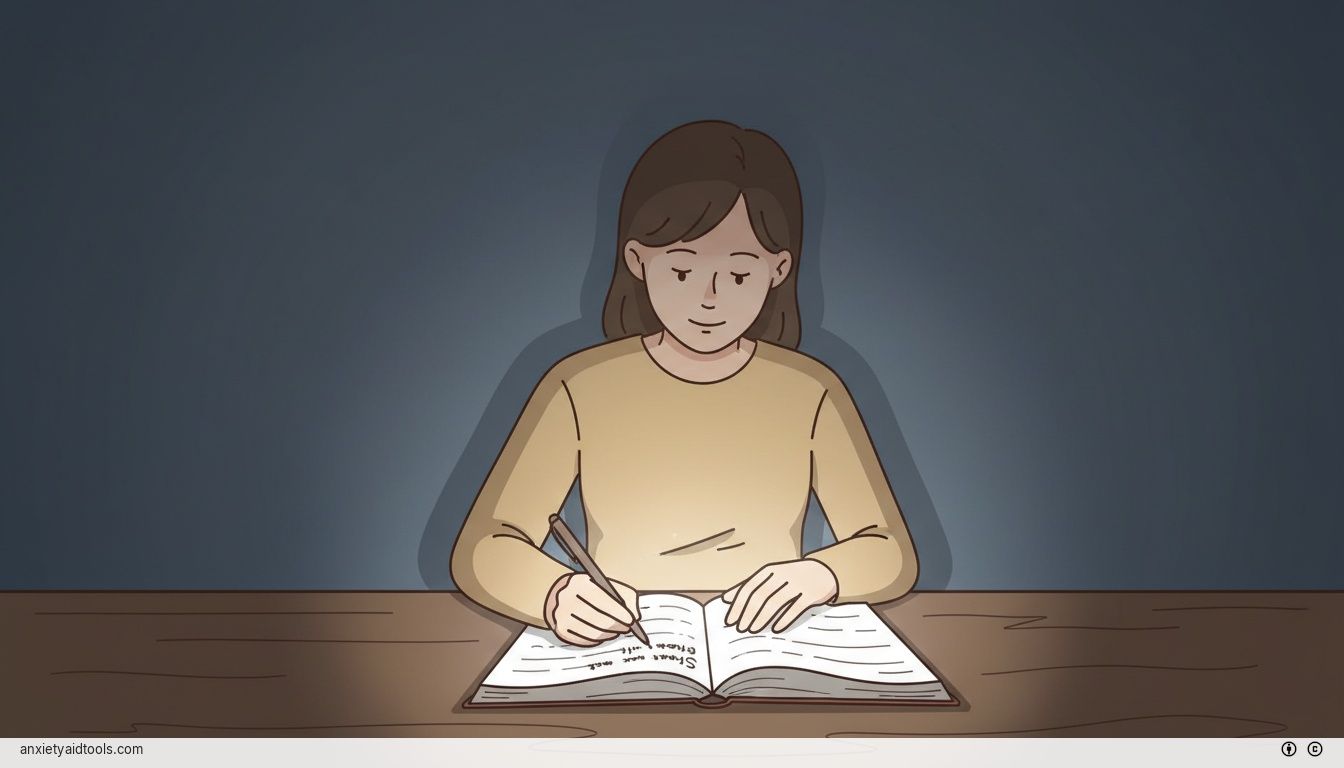 A person writing in a glowing journal that illuminates a dark room.