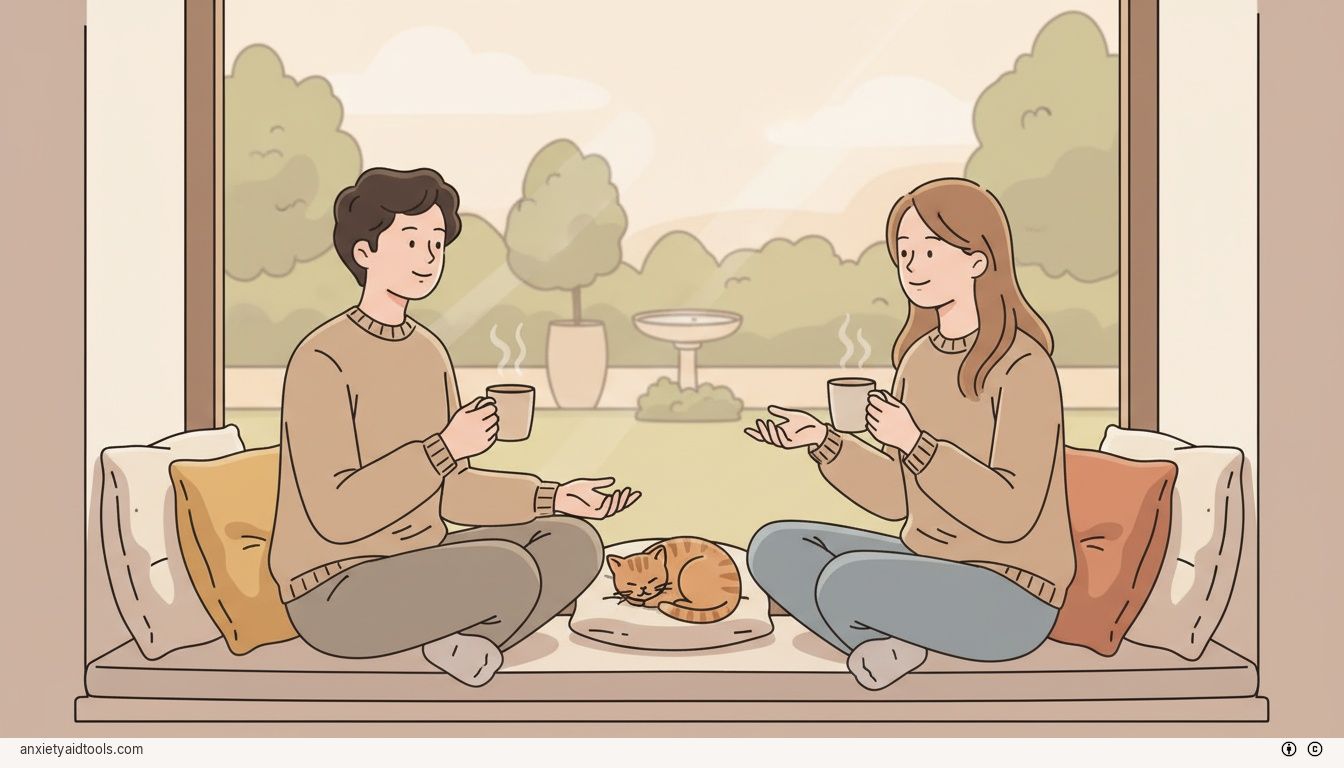 A cozy and peaceful scene of two people talking comfortably by a window, symbolizing soulmate stability.