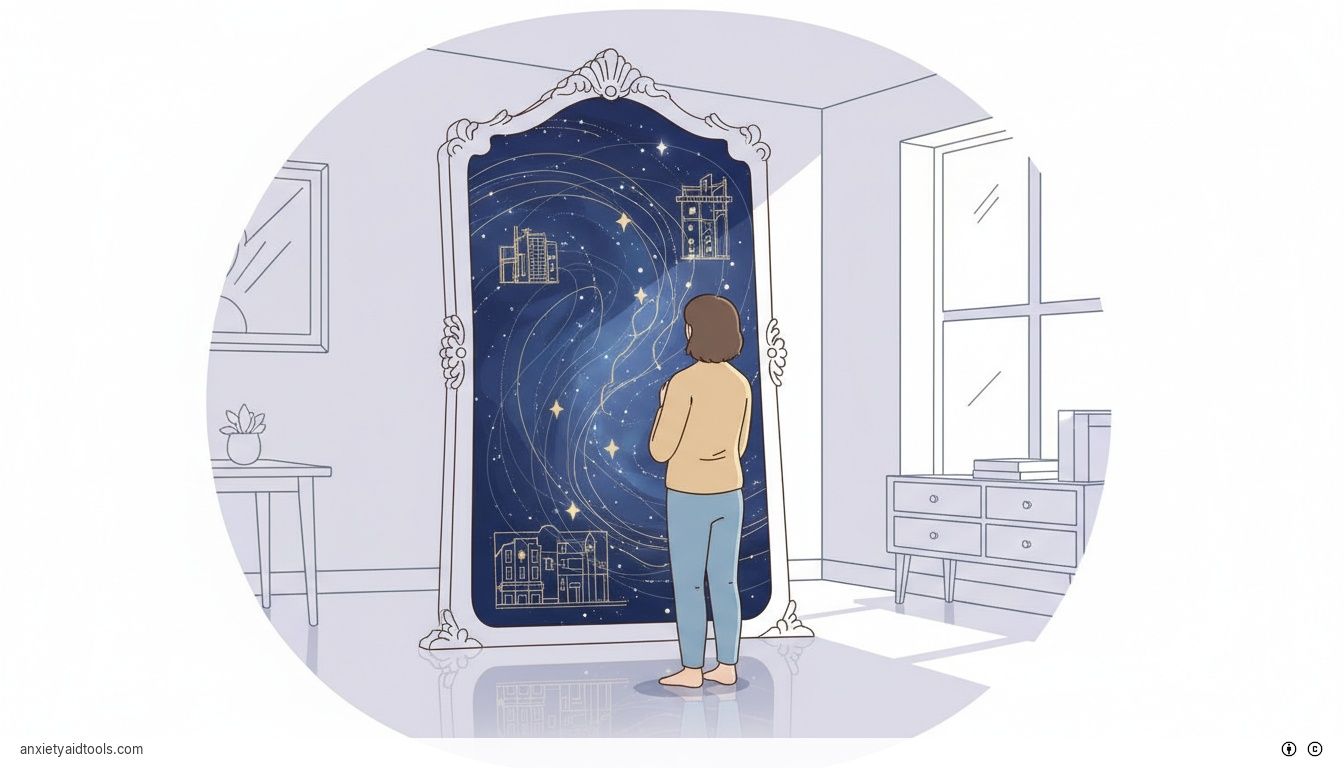 A person looking into a mirror that reflects a glowing constellation, symbolizing deep self-reflection.