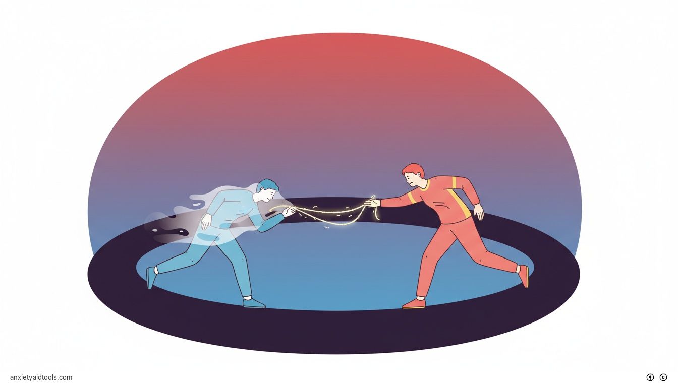 Abstract figures on a circular path representing the push-and-pull runner and chaser dynamic.