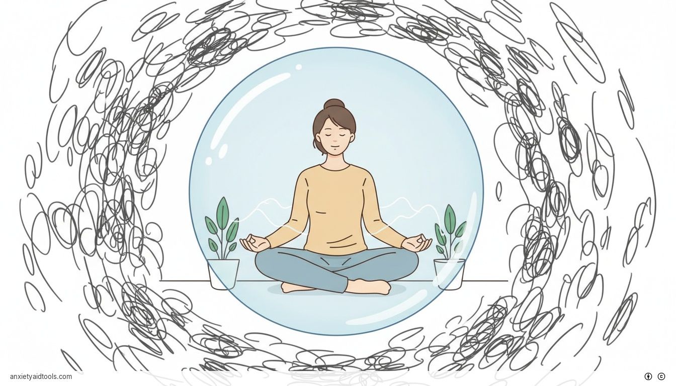 A person meditating inside a calm blue bubble of light, symbolizing emotional boundaries and safety.