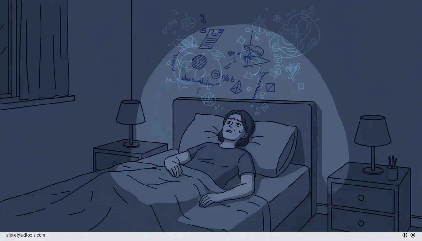 A person lying awake in bed at night, surrounded by abstract representations of racing thoughts.