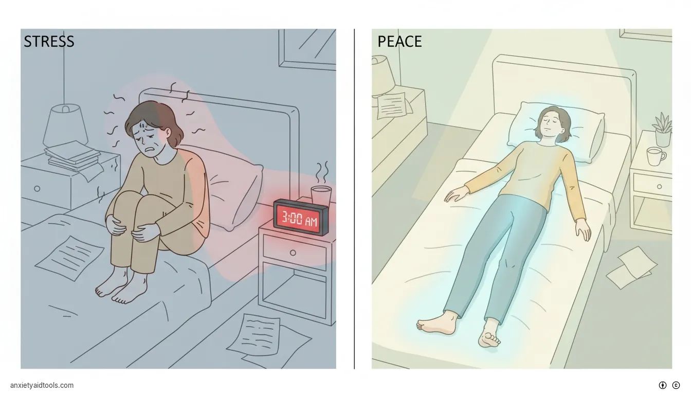 Split view of nighttime wakefulness versus the grounding effect of meditation.