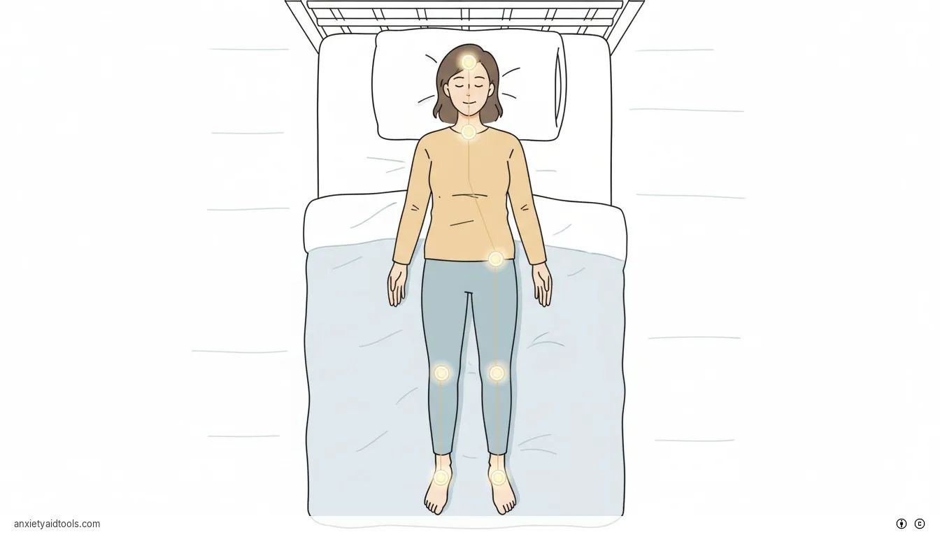 A top-down view of a person in bed with glowing points showing the path of a body scan meditation.
