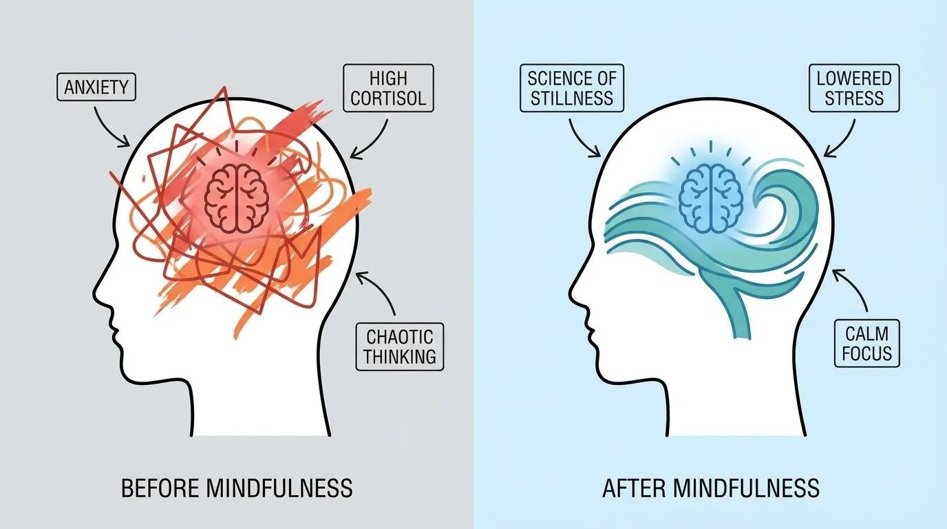 A conceptual split-screen illustration showing the contrast between anxiety (chaotic red lines) and the calm state achieved through meditation (smooth blue waves)