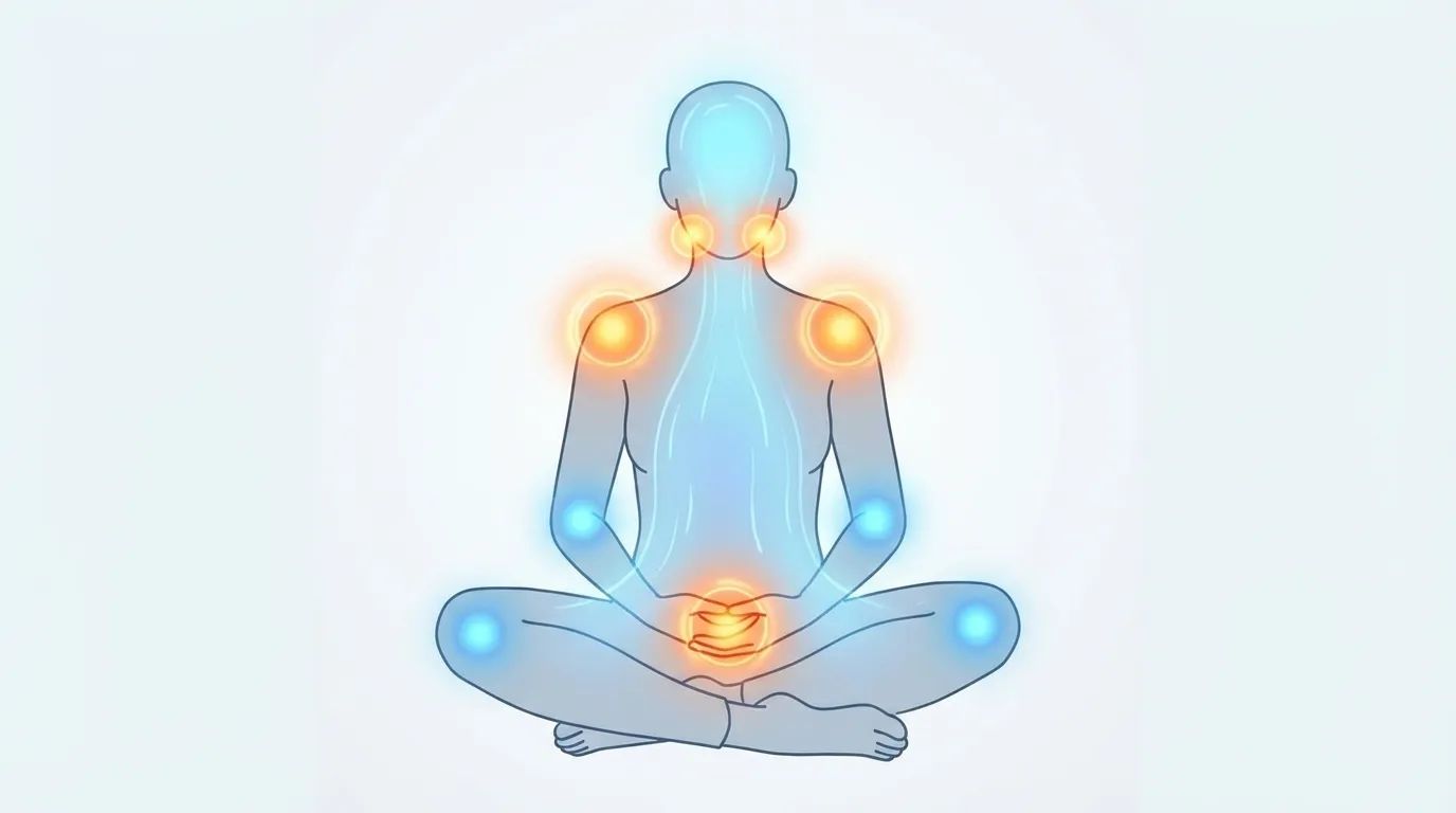 A visualization of body scan meditation with tension points shown as warm orbs that transform to relaxed blue