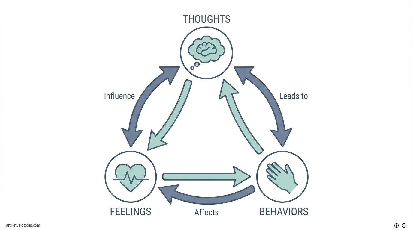 CBT triangle: Thoughts, feelings, behaviors interconnected.